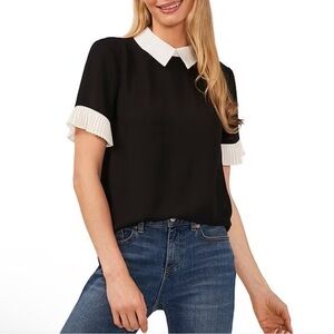 CeCe Point Collar Pleat Short Sleeve Color Block Blouse, size XL